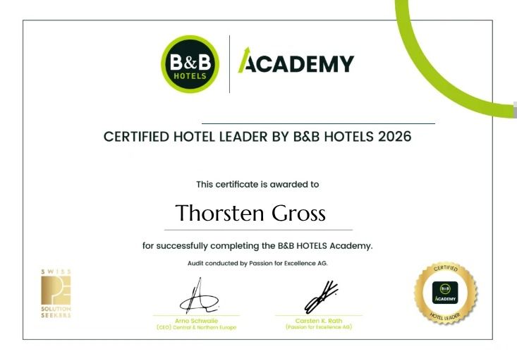Certificate Certified Hotel Leader by B&B HOTELS 2026 awarded to Thorsten Gross
